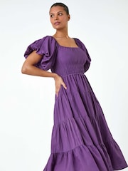 Roman Purple Plain Puff Sleeve Tiered Midi Dress - Image 2 of 5