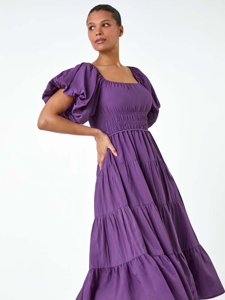 Roman Purple Plain Puff Sleeve Tiered Midi Dress - Image 2 of 5