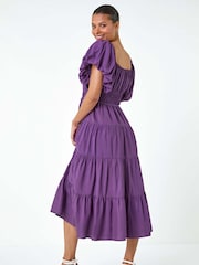 Roman Purple Plain Puff Sleeve Tiered Midi Dress - Image 3 of 5