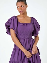 Roman Purple Plain Puff Sleeve Tiered Midi Dress - Image 4 of 5