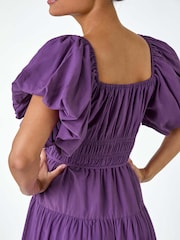 Roman Purple Plain Puff Sleeve Tiered Midi Dress - Image 5 of 5