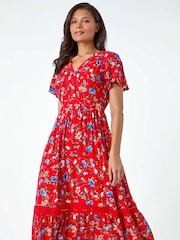 Roman Red Floral Lace Trim Pocket Midi Dress - Image 1 of 5
