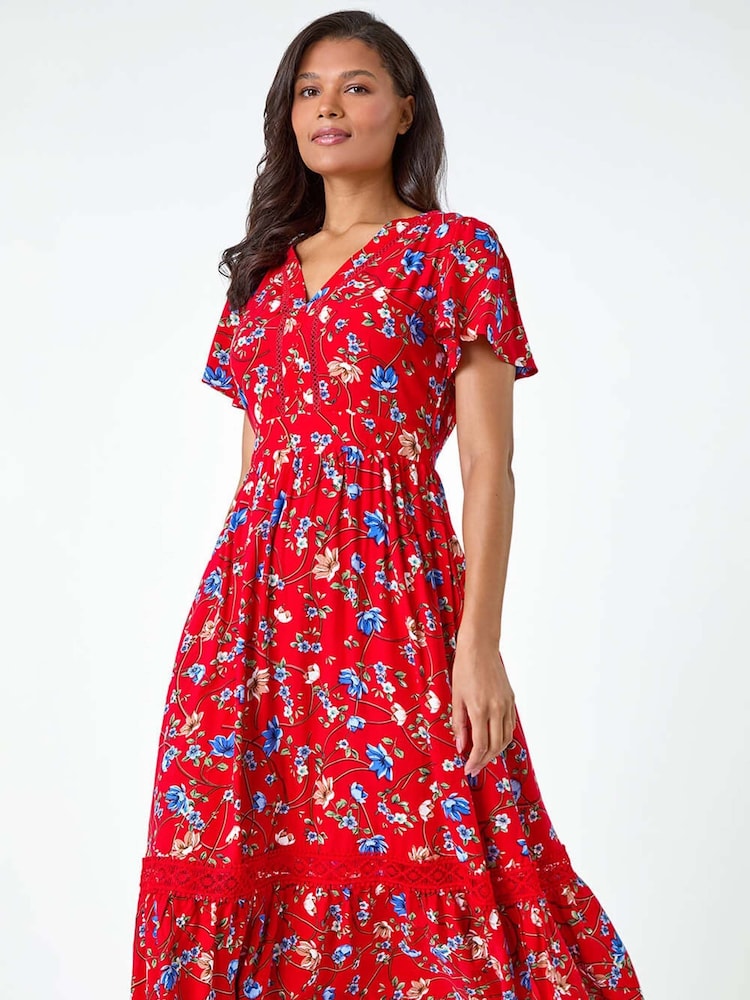 Roman Red Floral Lace Trim Pocket Midi Dress - Image 1 of 5