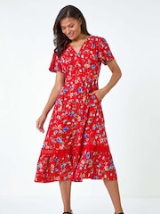 Roman Red Floral Lace Trim Pocket Midi Dress - Image 2 of 5