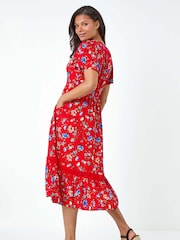 Roman Red Floral Lace Trim Pocket Midi Dress - Image 3 of 5