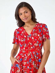Roman Red Floral Lace Trim Pocket Midi Dress - Image 4 of 5