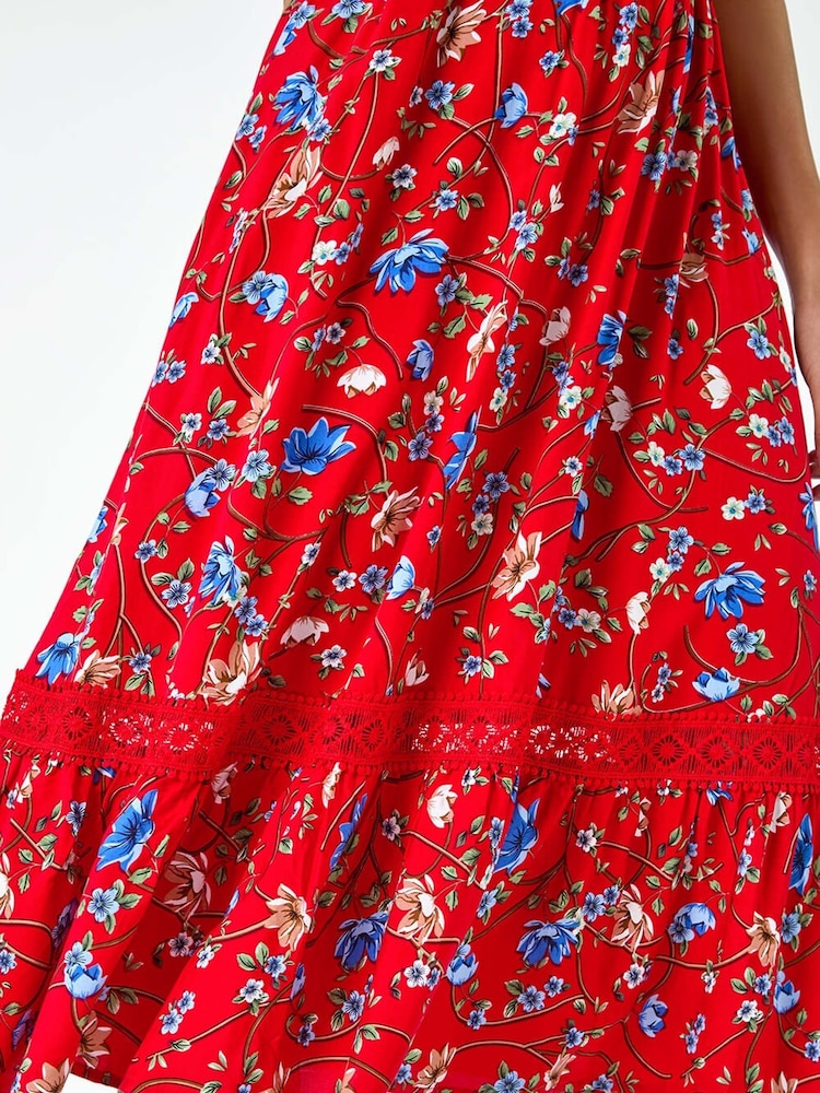Roman Red Floral Lace Trim Pocket Midi Dress - Image 5 of 5