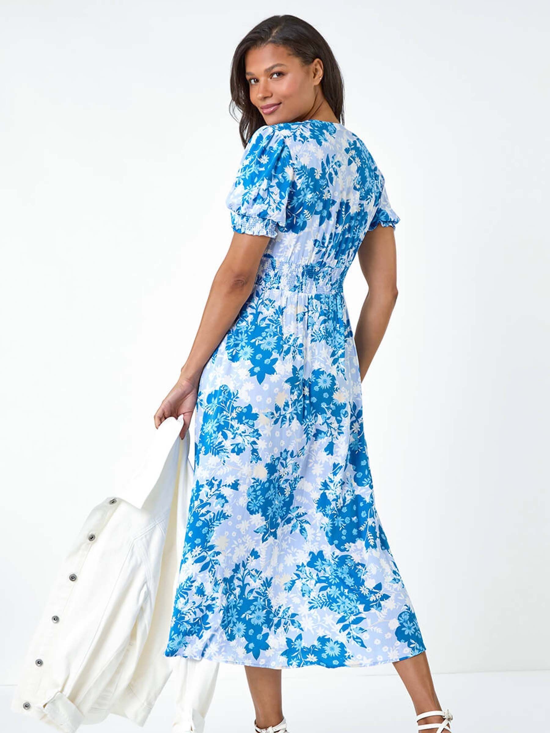 Buy Roman Blue Button Through Floral Print Shirred Midi Dress from