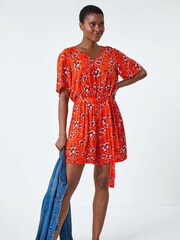Roman Orange Floral Print Pocket Detail Belted Playsuit - Image 1 of 5