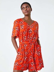 Roman Orange Floral Print Pocket Detail Belted Playsuit - Image 2 of 5