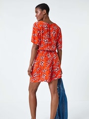 Roman Orange Floral Print Pocket Detail Belted Playsuit - Image 3 of 5