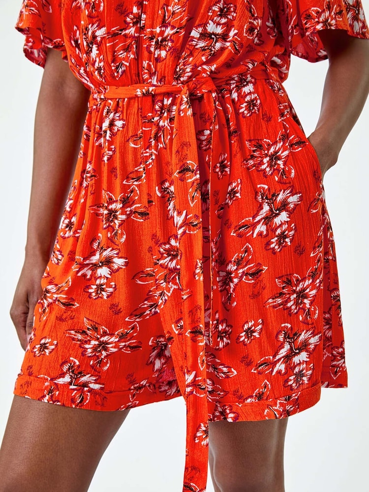 Roman Orange Floral Print Pocket Detail Belted Playsuit - Image 5 of 5