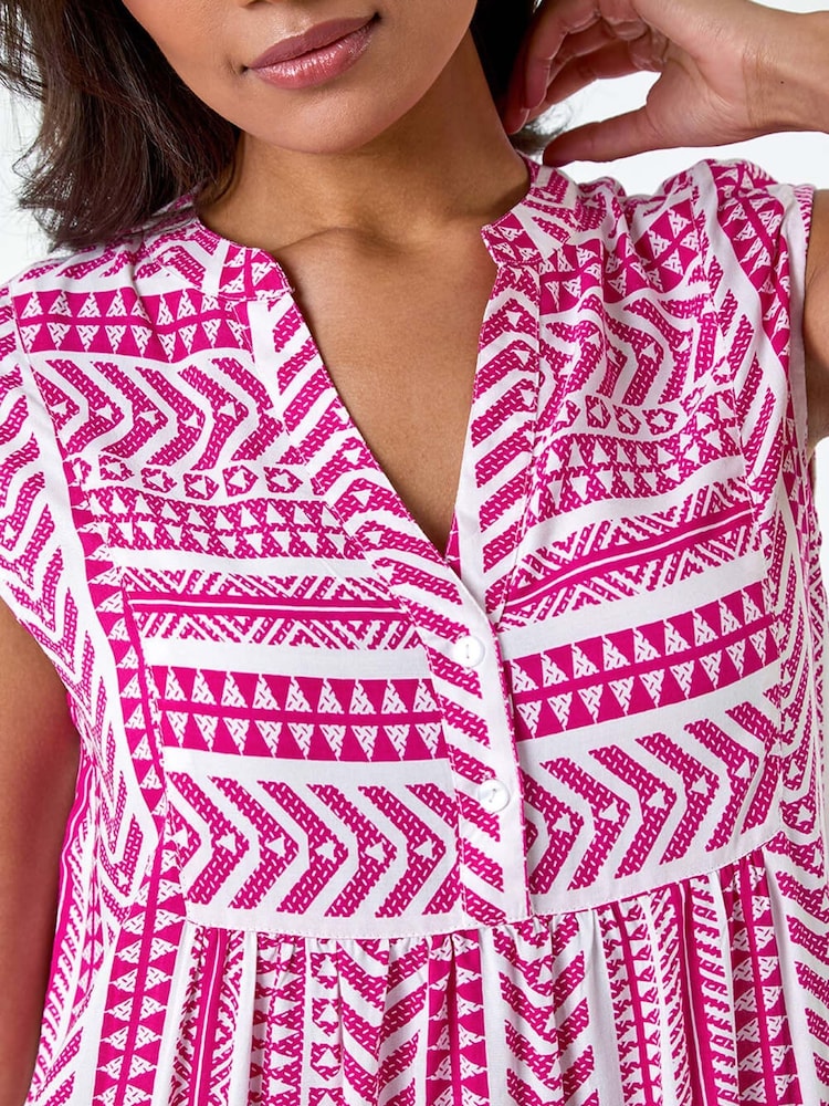 Roman Pink Aztec Style Print Tiered Midi Smock Dress - Image 5 of 5