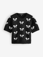 Black White Short Sleeve Crew Neck Bow Knitted Jumper - Image 4 of 6