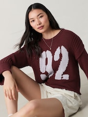 Burgundy Grey Graphic Roll Edge Stitch Detail Knitted Jumper - Image 1 of 7