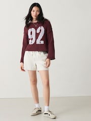 Burgundy Grey Graphic Roll Edge Stitch Detail Knitted Jumper - Image 2 of 7