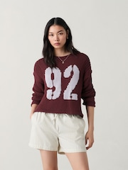 Burgundy Grey Graphic Roll Edge Stitch Detail Knitted Jumper - Image 3 of 7