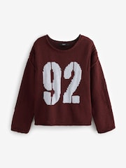 Burgundy Grey Graphic Roll Edge Stitch Detail Knitted Jumper - Image 5 of 7