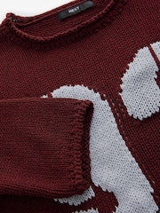 Burgundy Grey Graphic Roll Edge Stitch Detail Knitted Jumper - Image 6 of 7