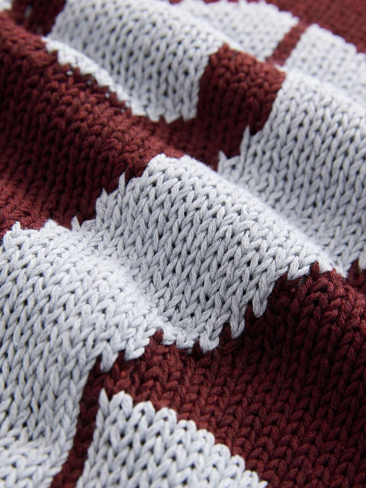 Burgundy Grey Graphic Roll Edge Stitch Detail Knitted Jumper - Image 7 of 7