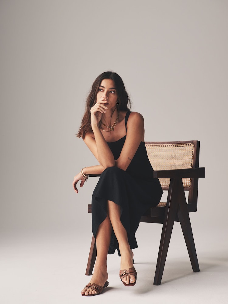 The Set Black/Ecru Stripe 2 Pack Midi Dress with Linen - Image 7 of 13