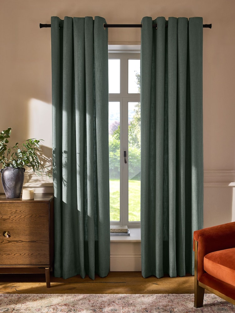 Green Linen Blend Eyelet Lined Curtains - Image 1 of 5