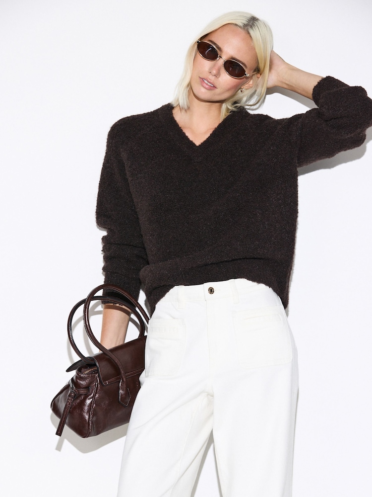 Chocolate Brown Boucle Long Sleeve V-Neck Knit Jumper with Wool - Image 1 of 4 Chocolate Brown Boucle Long Sleeve V-Neck Knit Jumper with Wool - Image 1 of 4