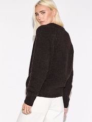 Chocolate Brown Boucle Long Sleeve V-Neck Knit Jumper with Wool - Image 3 of 4