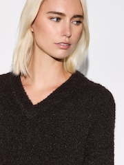 Chocolate Brown Boucle Long Sleeve V-Neck Knit Jumper with Wool - Image 4 of 4