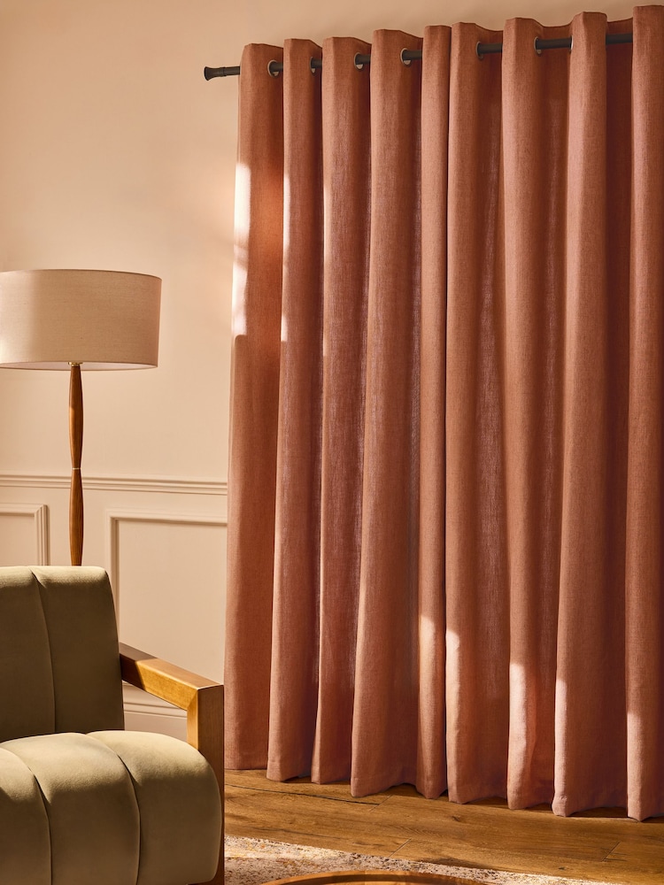 Rust Brown Linen Blend Eyelet Lined Curtains - Image 2 of 5