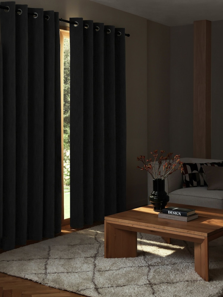 Charcoal Grey Matte Chenille Blackout/Thermal Eyelet Curtains - Image 3 of 7