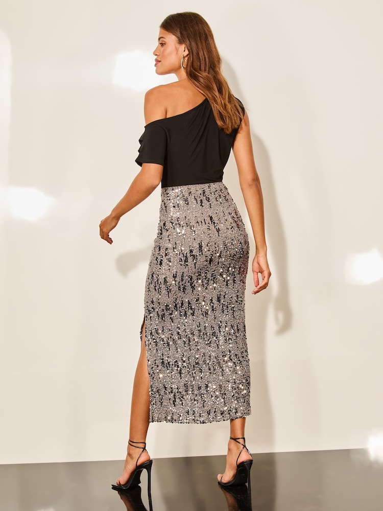 Lipsy Silver Petite Sequin Column Midi Skirt - Image 4 of 4