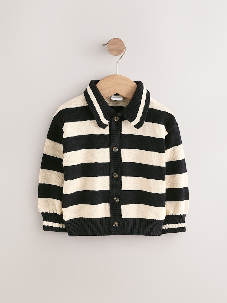 Navy/White Girls Stripe Pointelle 100% Cotton Cardigan - Image 1 of 3