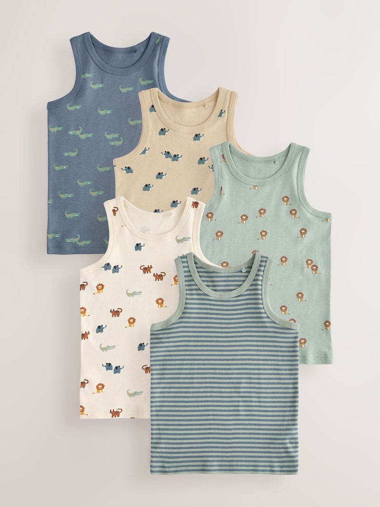 Mini Safari Print 100% Cotton Vests 5 Pack (1.5-8yrs) - Image 1 of 9