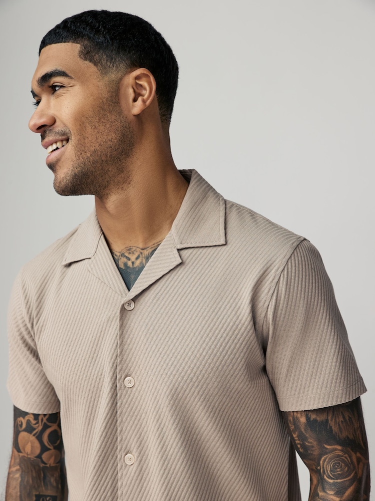 Neutral Slim Fit Textured Diagonal Jersey 100% Cotton Shirt - Image 5 of 9