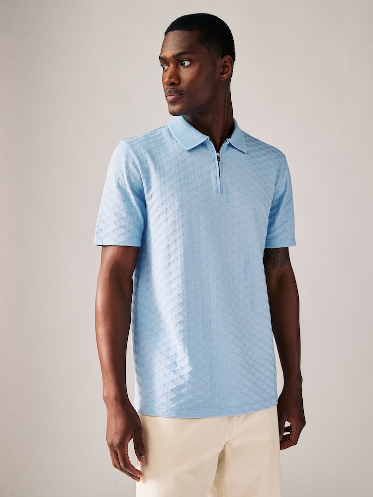 Light Blue Slim Fit Smart Quarter Zip Polo Shirt - Image 3 of 8