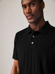 Black Slim Fit Textured Button Neck 100% Cotton Polo Shirt - Image 1 of 7