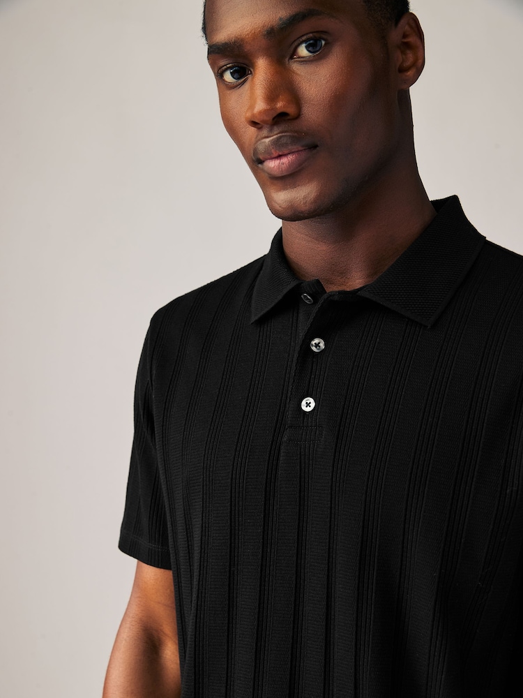 Black Slim Fit Textured Button Neck 100% Cotton Polo Shirt - Image 1 of 7
