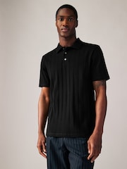 Black Slim Fit Textured Button Neck 100% Cotton Polo Shirt - Image 2 of 7