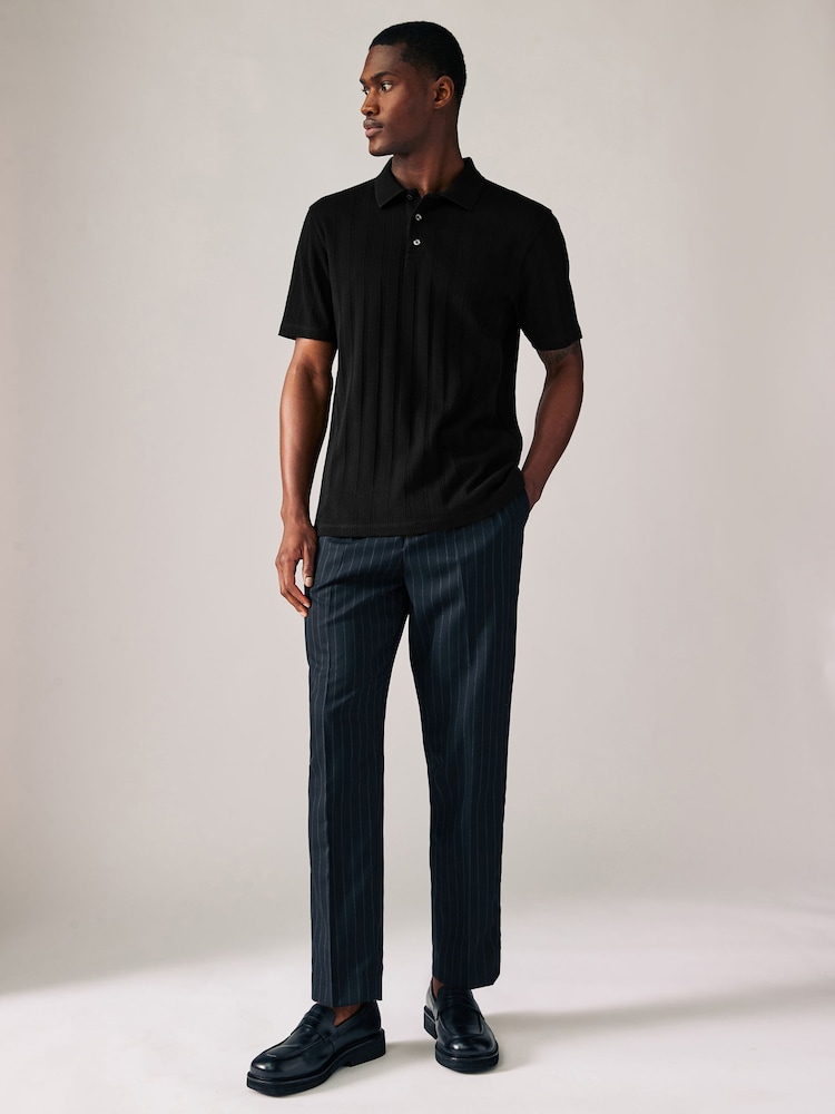 Black Slim Fit Textured Button Neck 100% Cotton Polo Shirt - Image 3 of 7