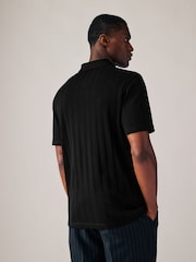 Black Slim Fit Textured Button Neck 100% Cotton Polo Shirt - Image 4 of 7