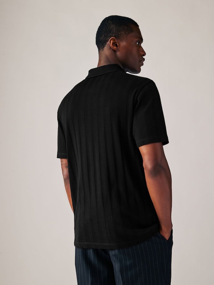 Black Slim Fit Textured Button Neck 100% Cotton Polo Shirt - Image 4 of 7