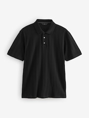 Black Slim Fit Textured Button Neck 100% Cotton Polo Shirt - Image 5 of 7