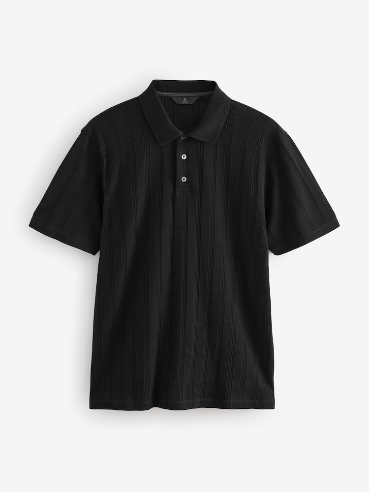 Black Slim Fit Textured Button Neck 100% Cotton Polo Shirt - Image 5 of 7