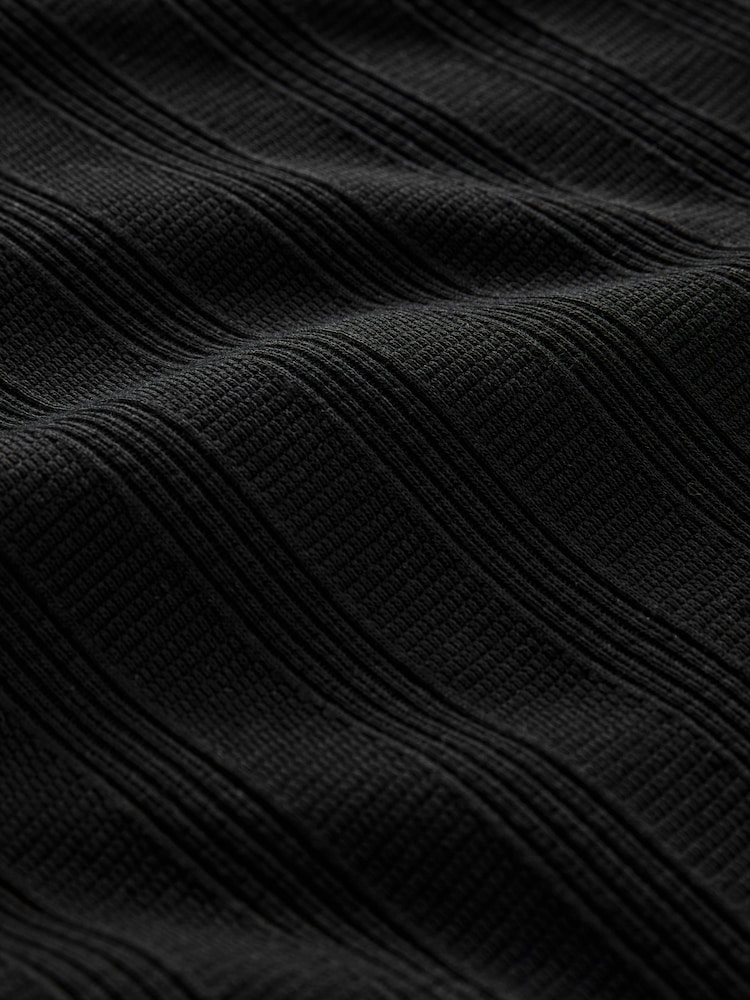 Black Slim Fit Textured Button Neck 100% Cotton Polo Shirt - Image 6 of 7
