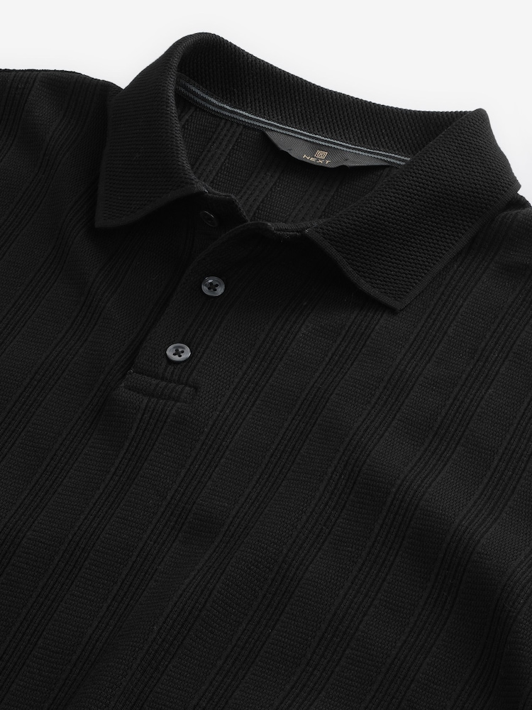 Black Slim Fit Textured Button Neck 100% Cotton Polo Shirt - Image 7 of 7