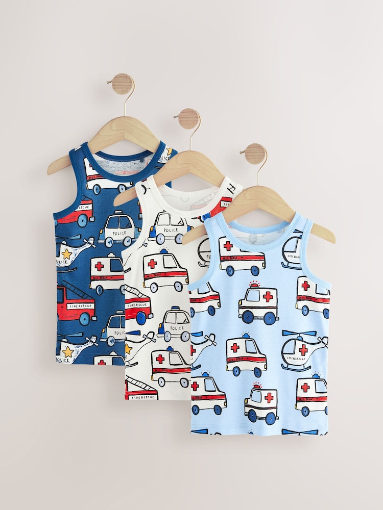 Red/Blue Emergency Vehicles 100% Cotton Vests 3 Pack (1.5-10yrs) - Image 1 of 7
