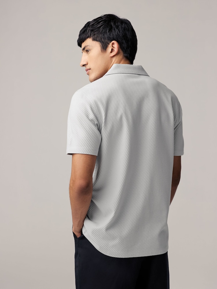 Grey Slim Fit Textured Diagonal Jersey 100% Cotton Shirt - Image 2 of 7 Grey Slim Fit Textured Diagonal Jersey 100% Cotton Shirt - Image 2 of 7
