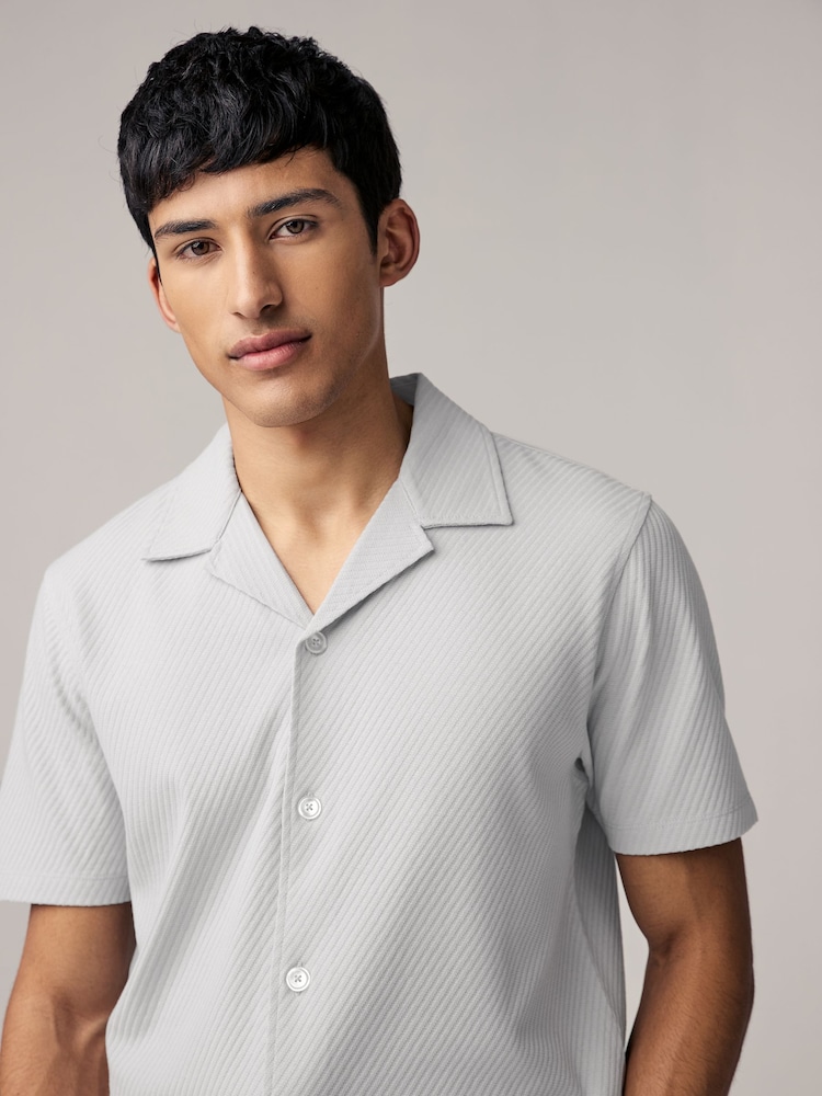 Grey Slim Fit Textured Diagonal Jersey 100% Cotton Shirt - Image 4 of 7