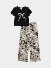 River Island Black Girls Leopard Print Bows Wide Leg 100% Cotton Trousers Set - Image 1 of 4
